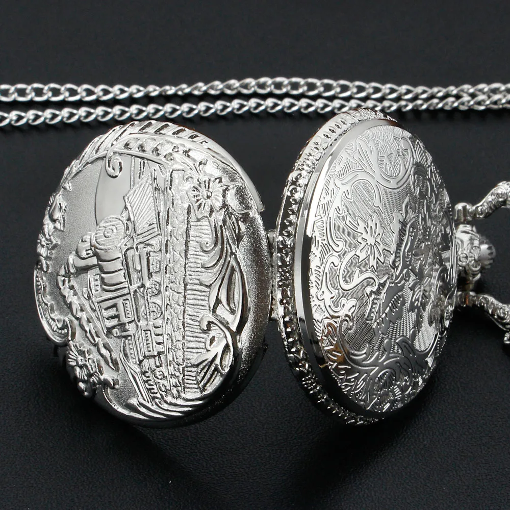 Antique Steam Train Design Pocket Watch with Chain Necklace Vintage Quartz Pendant FOB Chain Watches