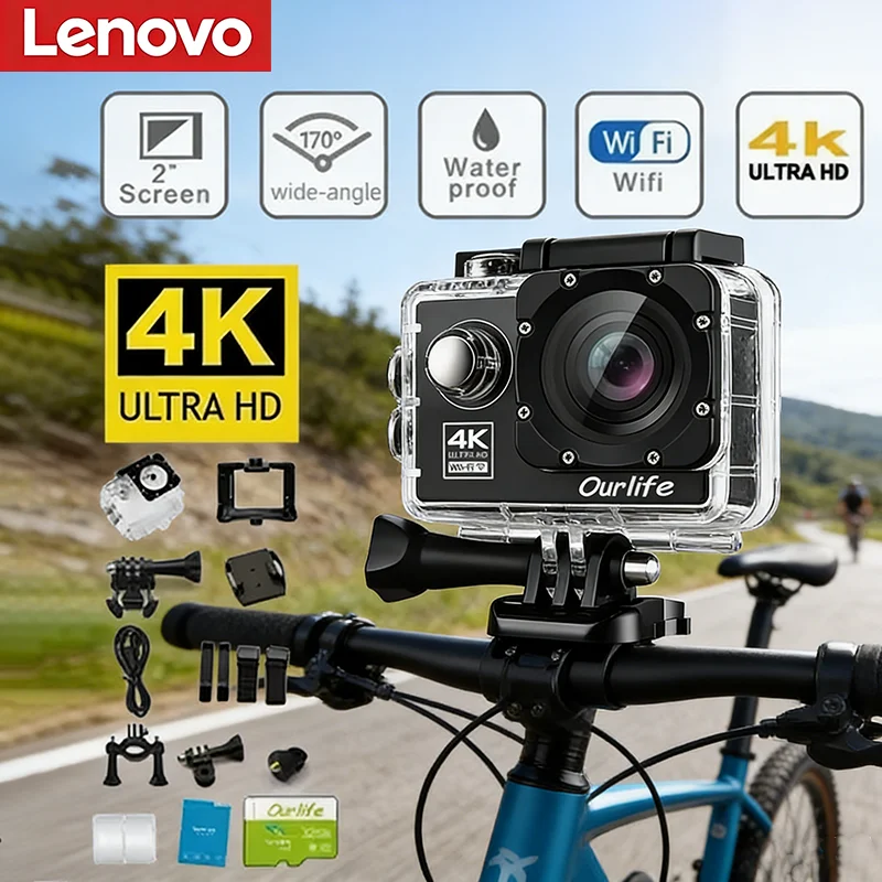 Lenovo Outdoor Skiing 4K WiFi Action Camera Video Recording 4K/30FPS 2.0"170D Underwater Waterproof Sports Camera Helmet 2026