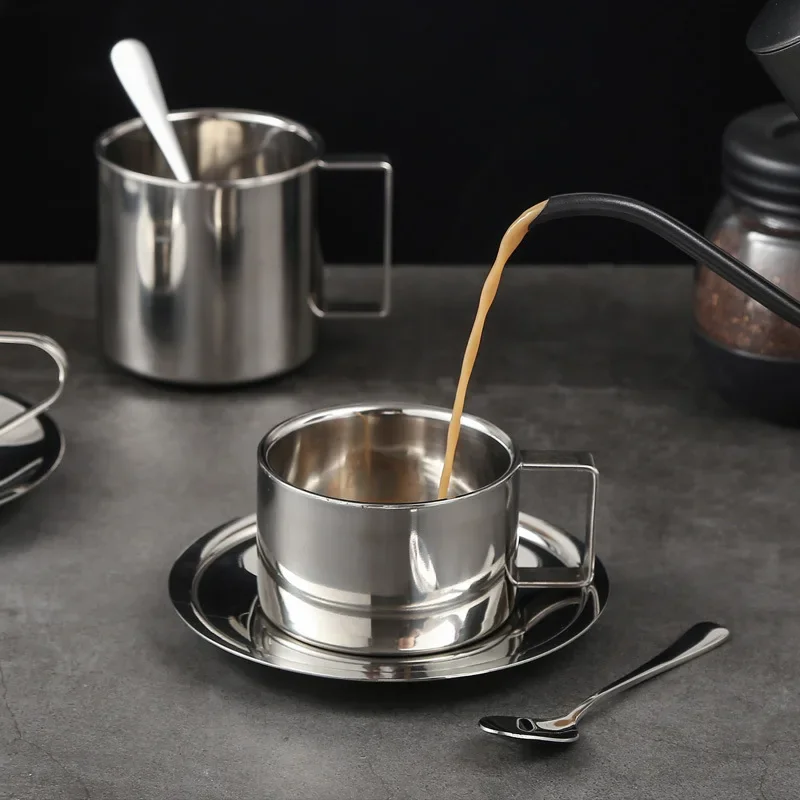 Set di tazze in acciaio inox con piattino e cucchiaio, per cappuccino, caffè, latte, tè, espresso