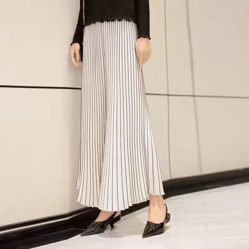 New Women Loose Pleated Wide Leg Pants Spring Summer Elastic High Waist Solid Elegant Casual Straight Trousers Female Clothing