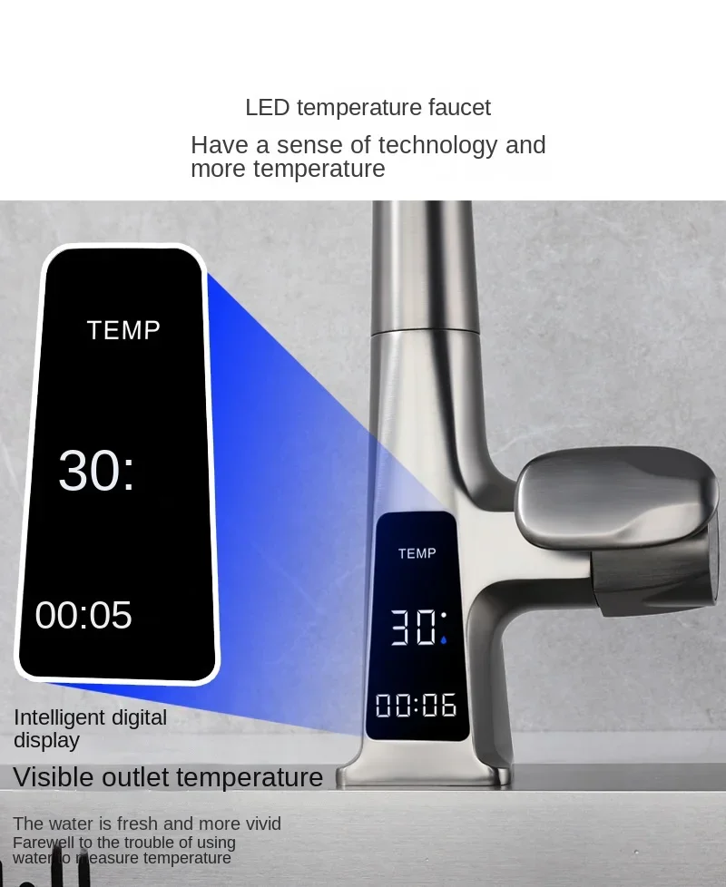 Kitchen Household Rotating and Stretchable Sink Digital Display Faucet, Waterfall Multifunctional Pull Kitchen Sink  Faucet