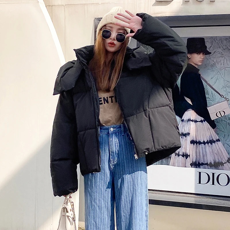 

2023 Winter Chic Hooded Down Cotton Windbreaker Women Parka Loose Solid Color Thickened Warm Padding Jacket Women Outwear Top