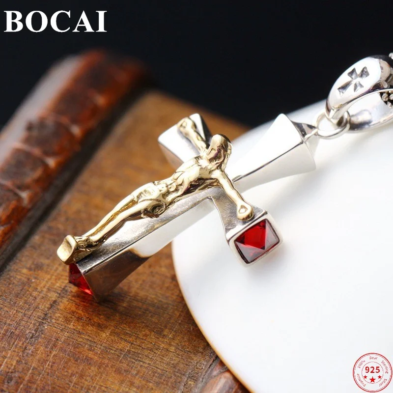 

BOCAI S925 Sterling Silver Pendant for Men Women Jesus Cross Vintage Red Zircon New Fashion Popular Amulet Jewelry Free Shipping