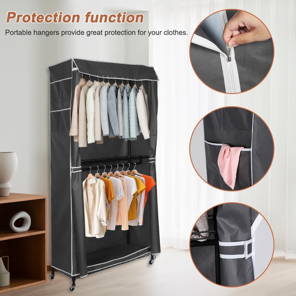 Portable Storage Closet with Wheels Multifunctional Heavy Duty Garment Rack with Cover for Hanging Clothes