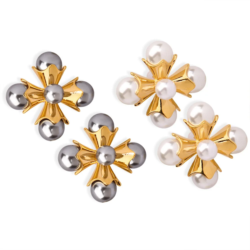 

Minar Neo-Gothic White Gray Color Simulated Pearl Cross Drop Earrings for Women 18K Real Gold Plated Copper Wholesale Jewelry