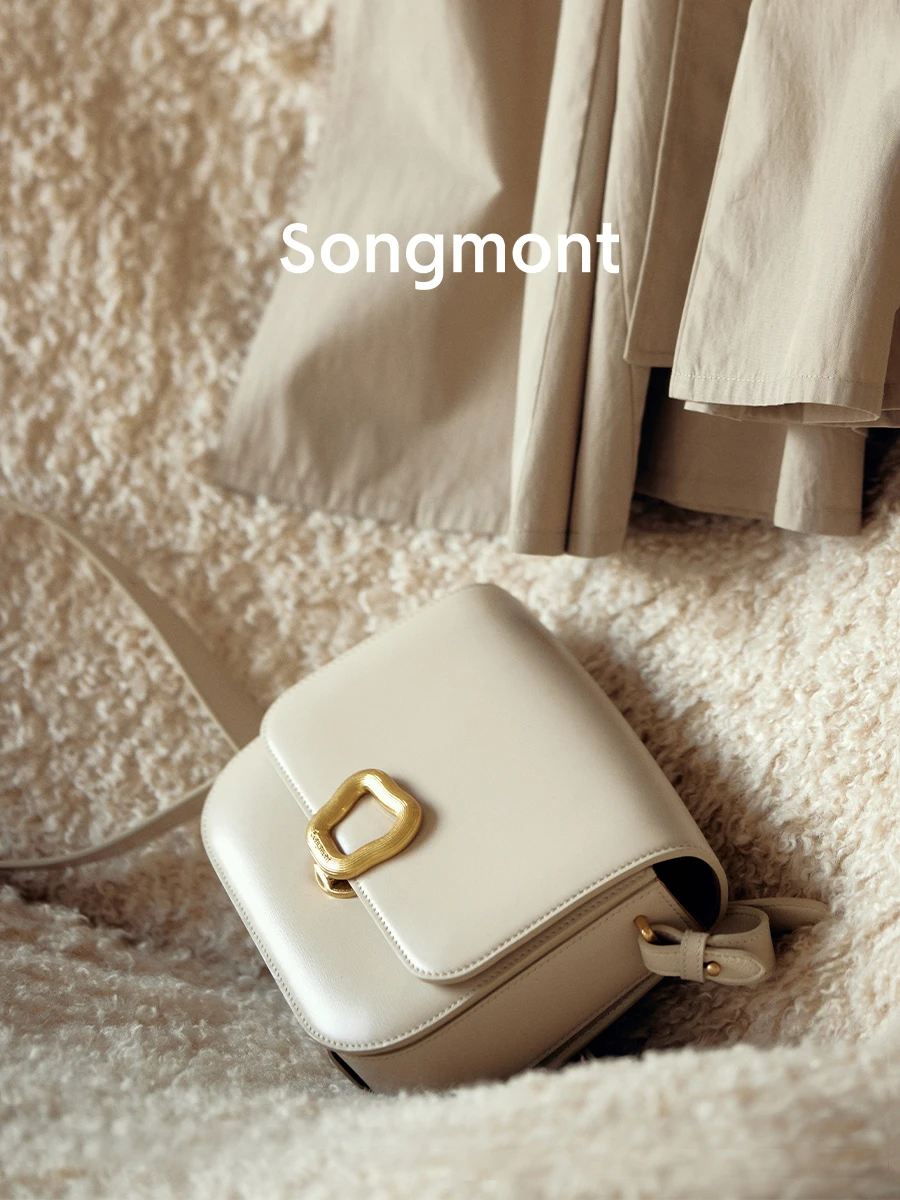 Songmont-couro couro Tofu Bag para as mulheres, Top grão, sacos de ombro, Crossbody Bag, Praça Flap Bag, Reset Médio