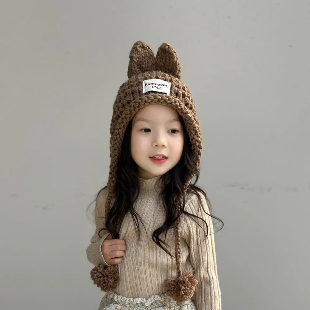 Fashion Solid Color Baby Crochet Hat Soft Warm Rabbit Ear Hand Knitted Cap Outdoor Autumn Winter Ear Protection Cap Toddler