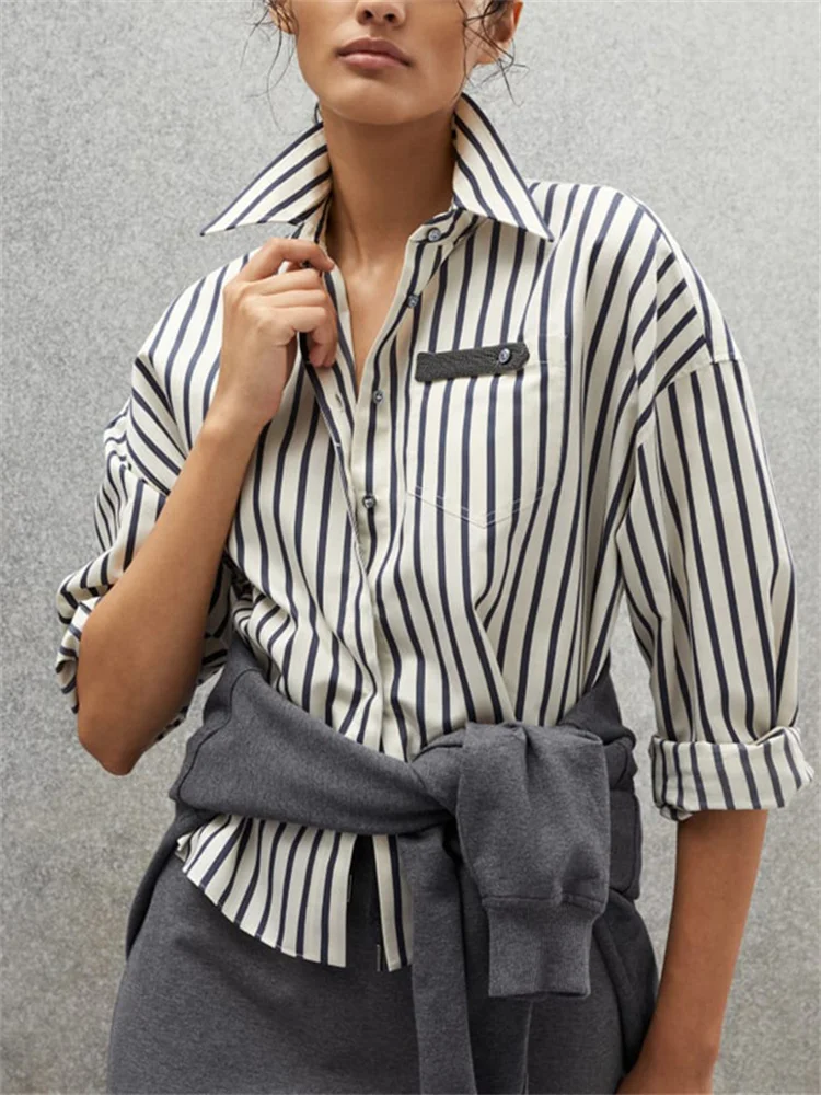 

Women Contrast Color Striped Short Shirt Early Autumn 2023 New Ladies Turn Down Collar Long Sleeve Single Breasted Casual Blouse