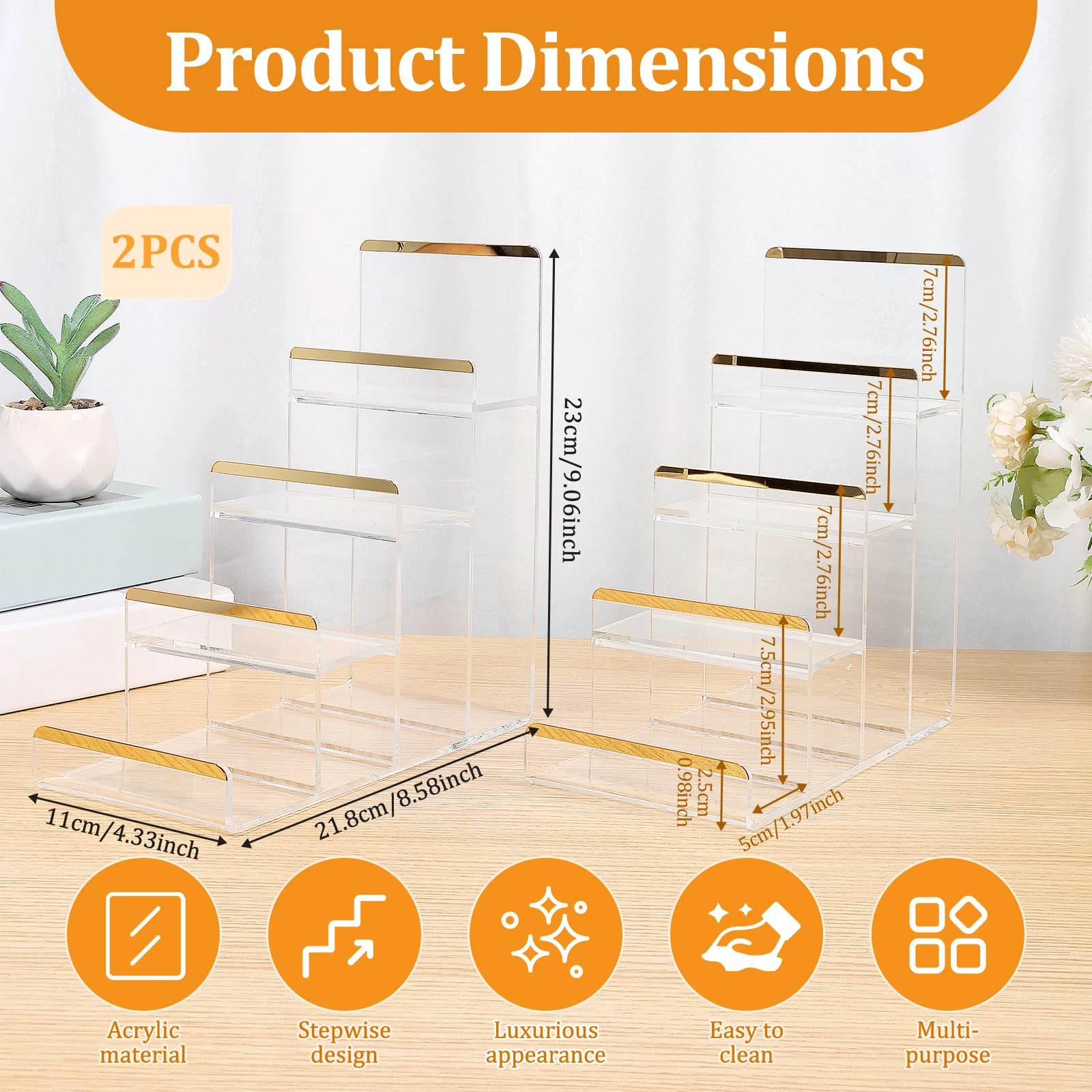 2Pcs Acrylic Riser Display Stands 3/4 Tier Clear Acrylic Display Shelf Clutch Bag Organizer Shelf Risers for Figures, Glasses