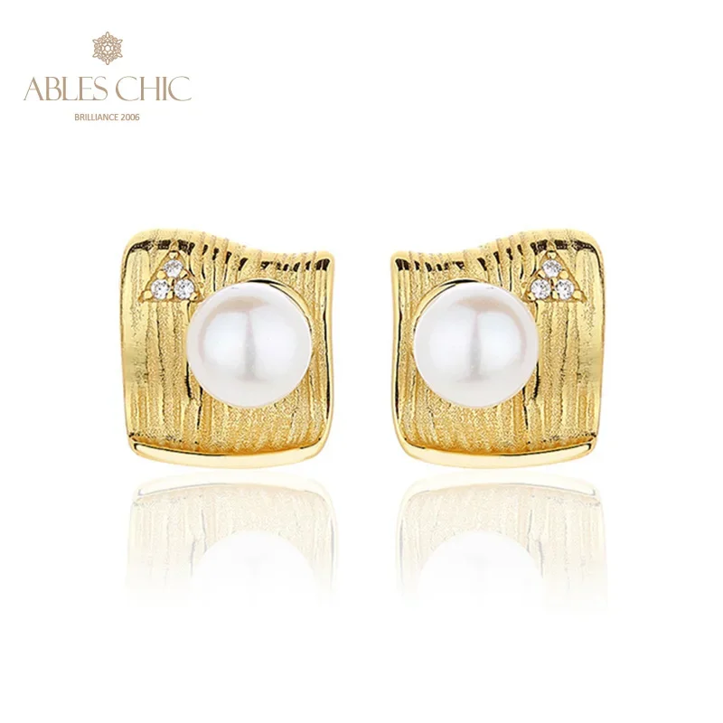 

AC Freshwater Pearls 6-6.5mm and CZ Accent Patterned Chunk Studs 18K Gold Tone Solid 925 Silver Irregular Earrings PE1015