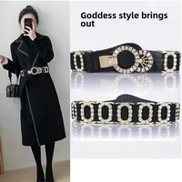 Faionable Elastic Diamond Encrusted Women's Belt Wide Dr Coat Decorative Belt Alloy Bule Girls Women All Ages