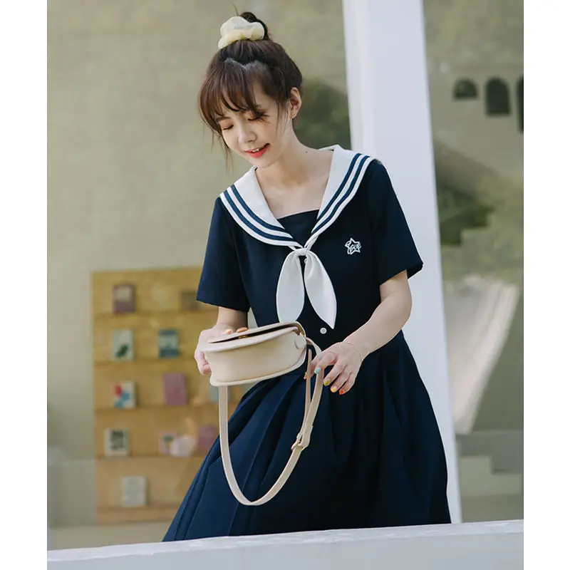 

Japan College Style JK Uniform Sallor Collar Girl Dress Summer Navy Blue Vintage A-line Student Pleated Mid-length Women Dresses