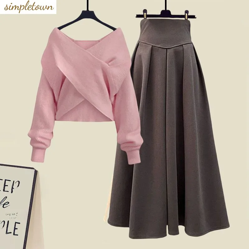 Large Women's Spring and Autumn Season Set 2023 New Fashion Slim Cross Sweater Mid Length Half Skirt Two Piece Set