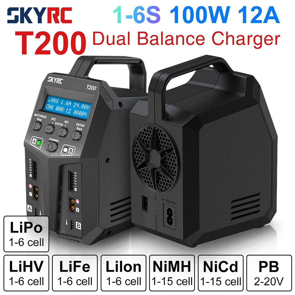 Skyrc T200 Ac/Dc Lipo Battery Dual Balance Charger Scaricatore Per Traxass Airsoft Drone Rc Caricabatteria Carica Rapida Dual Xt60