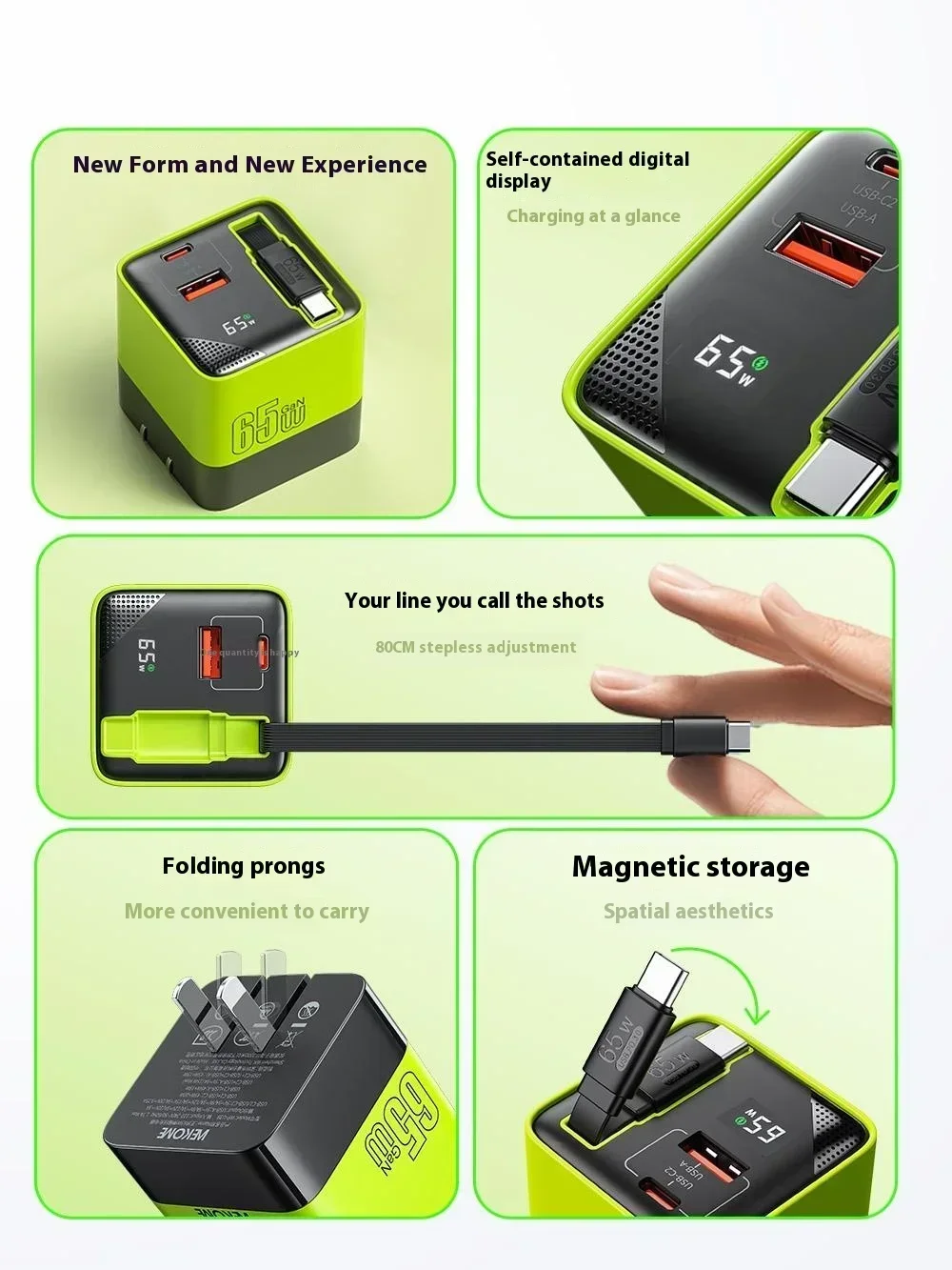 Wekome U39 65W GaN Fast Charger Socket Portable USB Type-C Multi-port Charger Gift Built-in Retractable 80cm Fast Charging Cable
