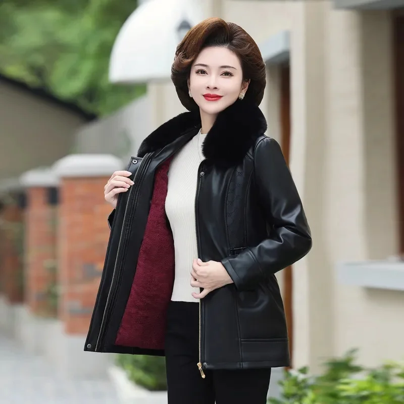 Mom PU Leather Coats New Fashion Ladies Middle-Aged Old-Aged Jacket Autumn Winter Outwear Add Velvet Padded Short Overcoat Women