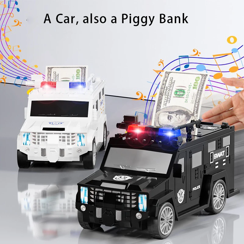 Polizei-Geldtransporter, Kinder-Sparschwein, Kinder-Passwort-Fingerabdruck-Automatischer Roll-Up-Geldautomat, Intelligente Gesichtserkennung, Spielzeugauto_voghion.com