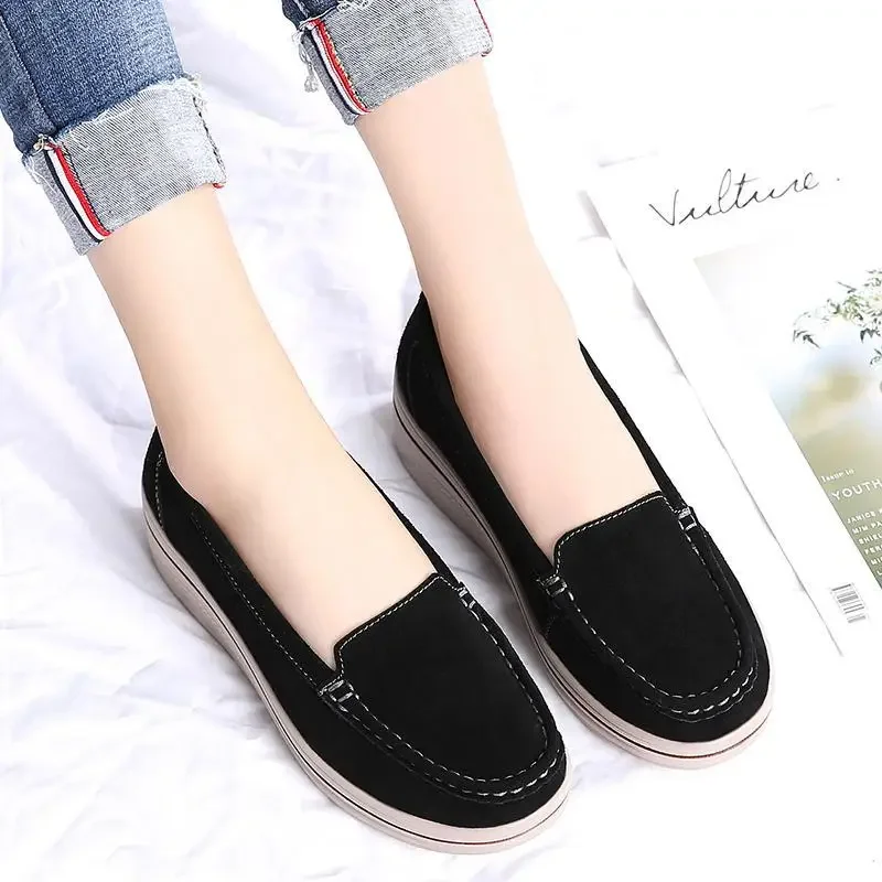 

Moccasins Flat Loafers Women's 35-42 plus Size Genuine Leather Elevator Suede Thick Bottom British Leisure Platform