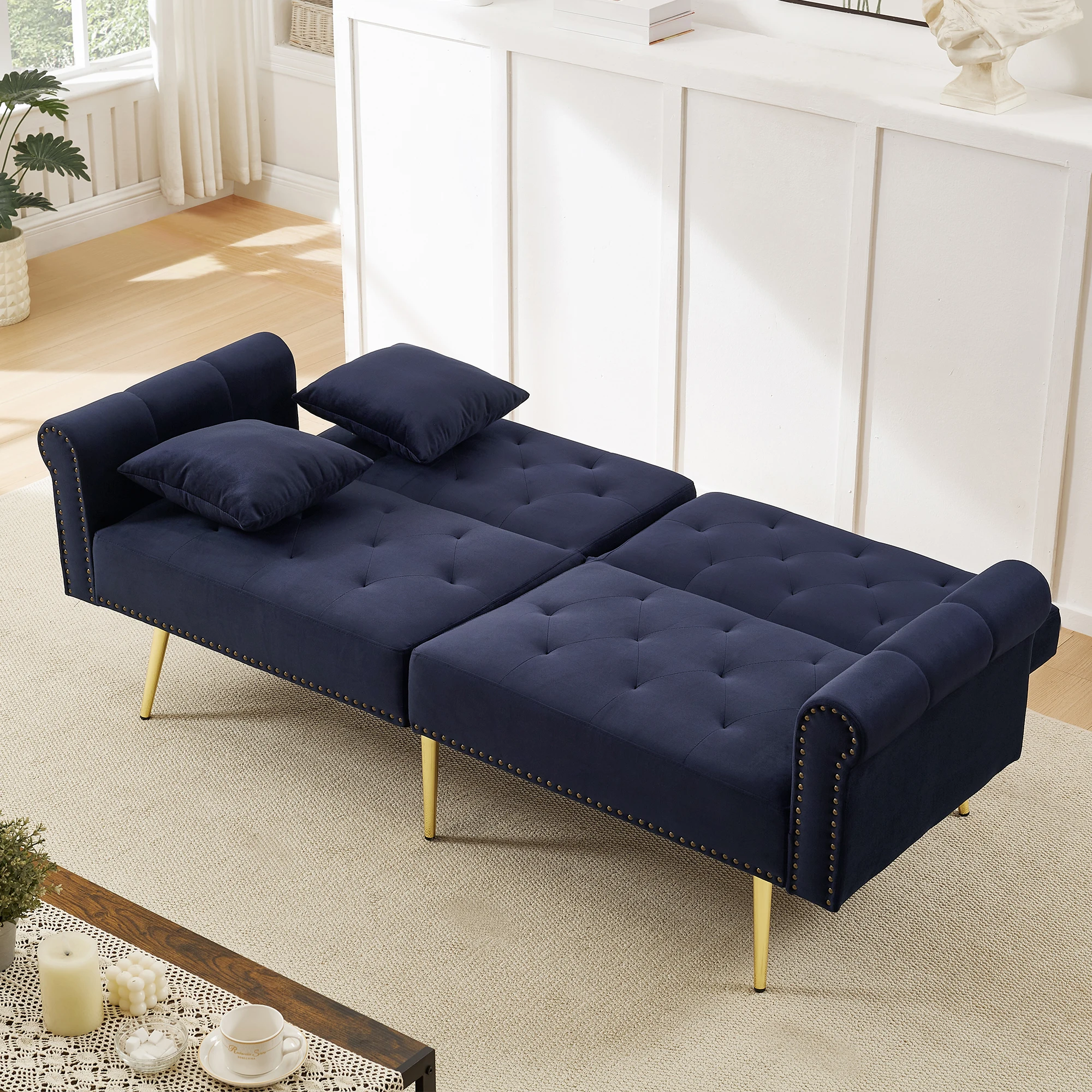 KOMHTOM 2 Sitzer Schlafsofa Mit Samtbezug Rückenlehne 3 Stufiger Verstellung Und Vergoldeten Metallfüßen Sofa Mit Schlaffunktion – Detail 9