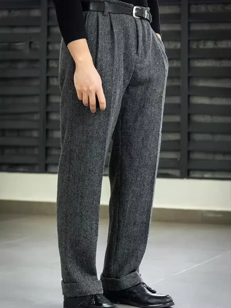 Men Pants Autumn Winter Retro Wool Tweed Loose Straight High Waist Long Pockets