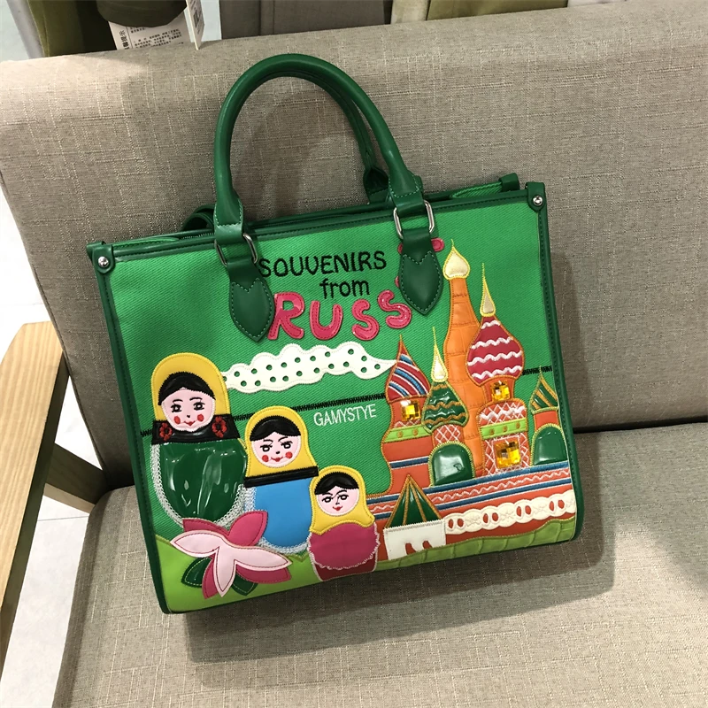 thumbnail image 1 of Nuevo bolso de mano con bordado de temática rusa, bolso de lona de gran capacidad con un solo hombro para mujer, gran oferta, envío gratuito, 1 of 5