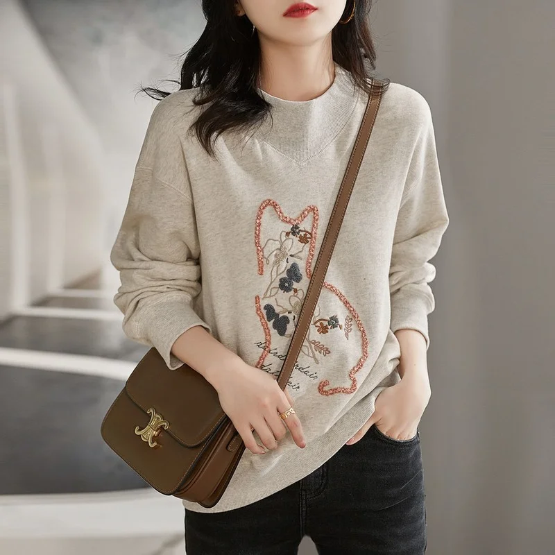 2022 Spring Autumn Sweatshirt Women New Fashion Cotton O-neck Long Sleeve Sweatshirt Stitching Casual Cat Embroidery Clothes