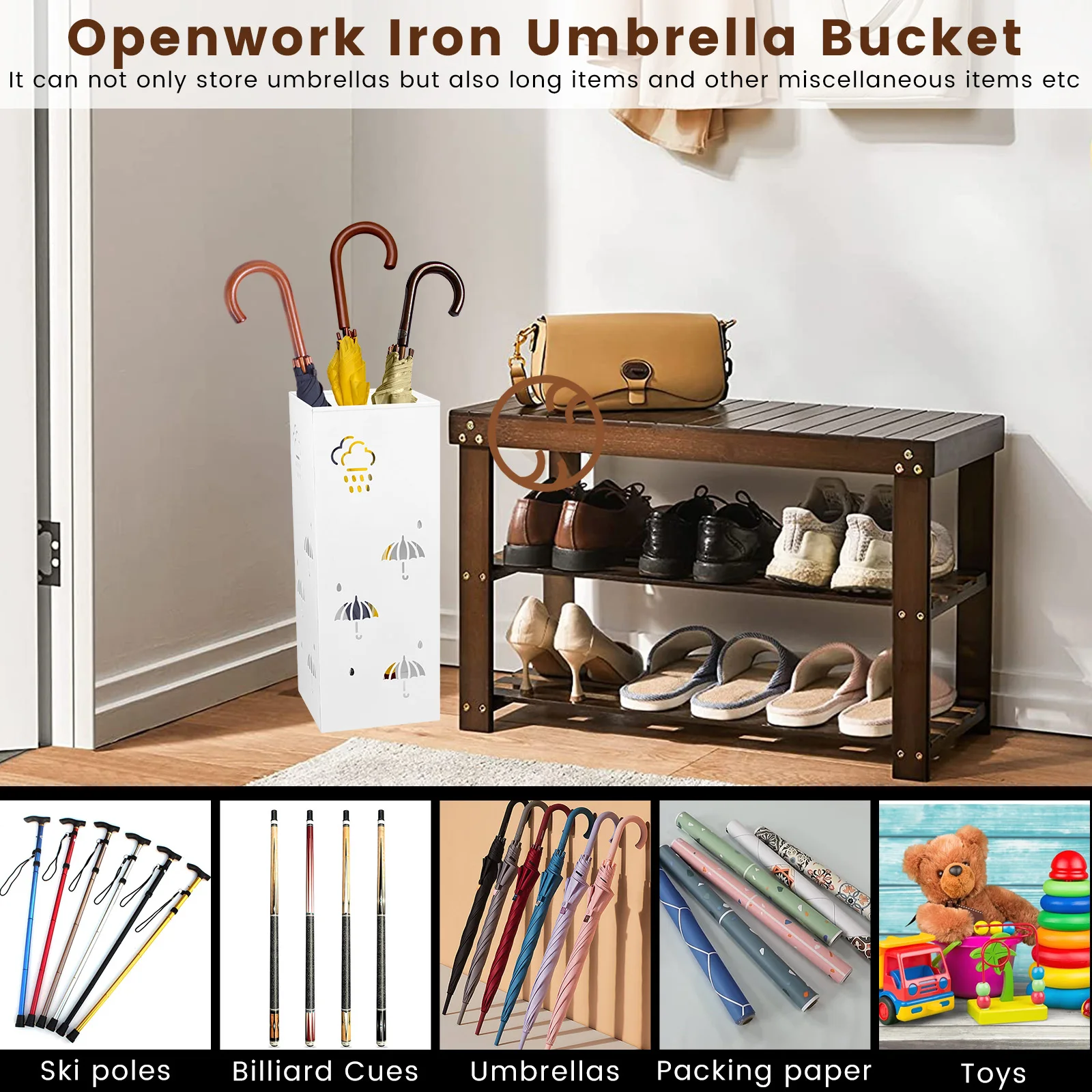 BEWBBAT Square Metal Umbrella Stand - 16x10x5 Inch, Freestanding Holder For Entryway, Office, White - View #2
