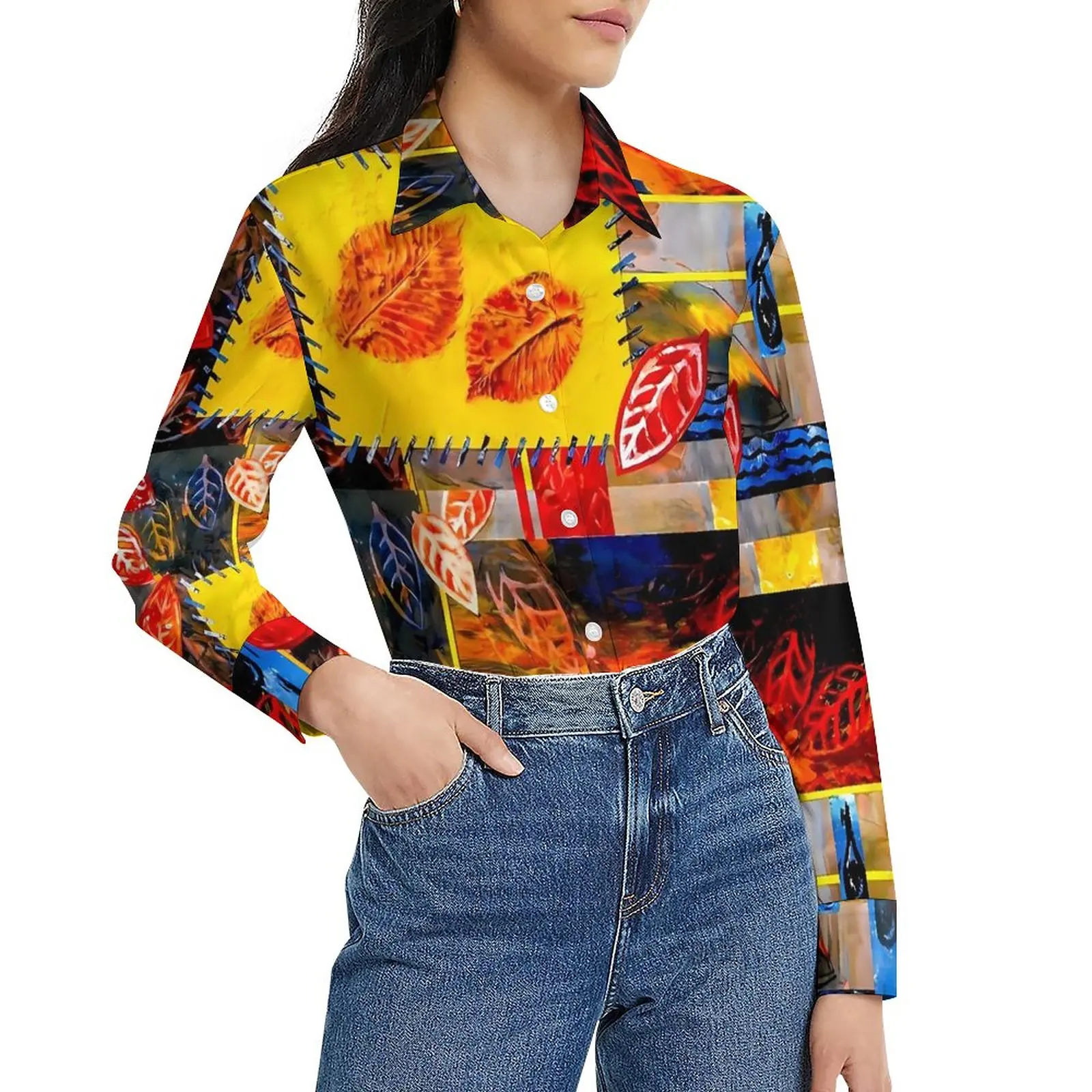

Patchwork Print Loose Blouse Red Leaves Casual Oversize Blouses Women Long-Sleeve Retro Shirt Summer Design Top