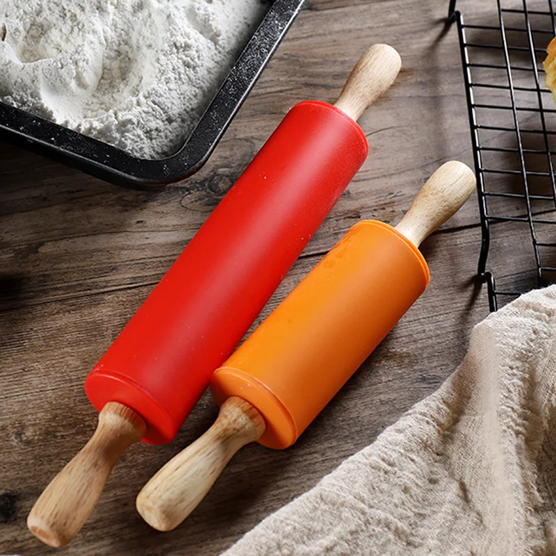 Silicone Rolling Pin Dough Roller For Pizza, Cookie With Wooden