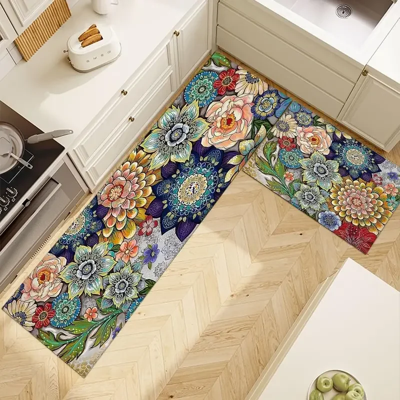 VIKAMA Kitchen Floor Mat Oil Resistant Wipeable Washable Waterproof Mat American Floral Carpet Home Decoration 1/2PC