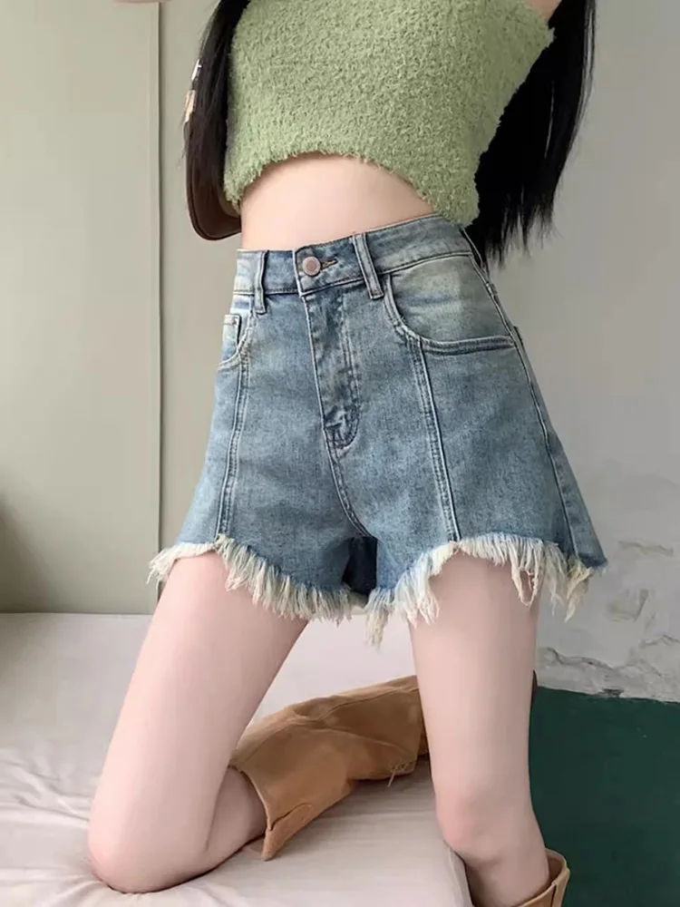 New Women Summer Plus Size Denim Shorts Fashion High Waist A-Line Tassel Shorts Simplicity Casual Hottie Jeans Shorts