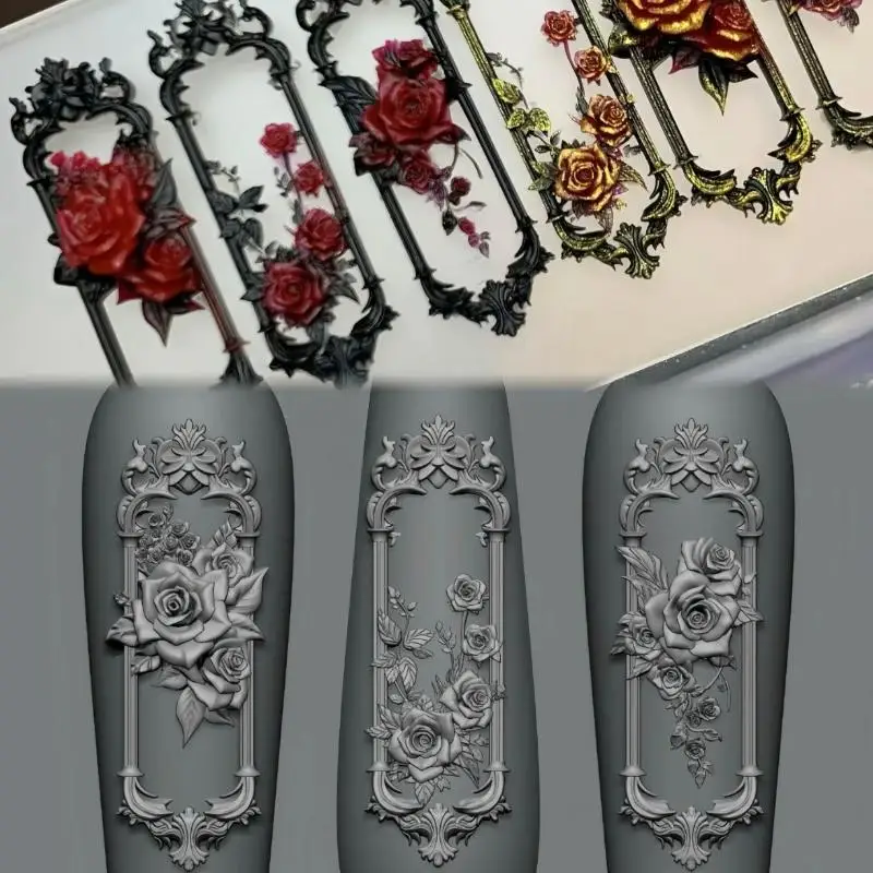 1pcs 레트로 3D 네일 몰드 창틀 장미 꽃 프레임 네일 몰드 3D 조각 실리콘 템플릿 DIY 매니큐어 장식 도구