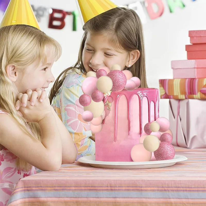 48Pcs/set Pink Theme Cake Decoration Balls Cake Topper DIY Cupcake Dessert Insert Foam Balloons Birthday Party Wedding Supplies