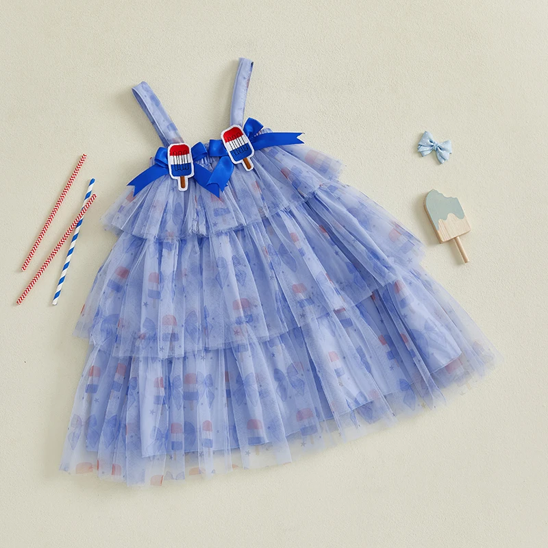 Toddler Girl Independence Day Patriotic Stars and Stripes Sleeveless Tulle Dress Red White Blue American Flag Print A Line Dress 5