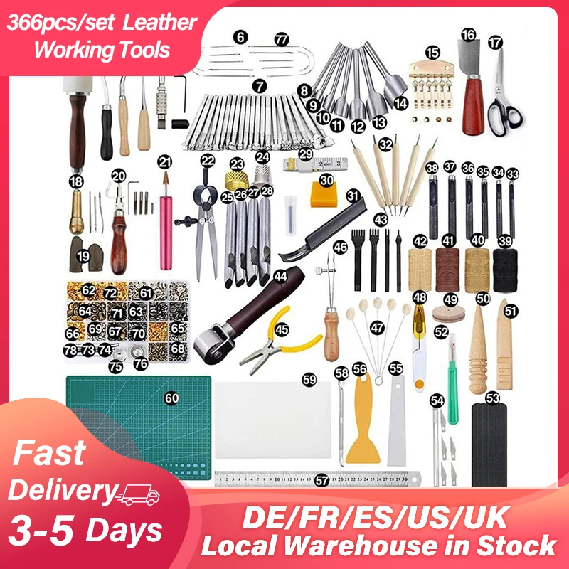 Leather Working Tools Leather Craft Kit and 20 PCS Leather Stamping Tools,  Upholstery Repair Kit with Waxed Thread and Different Shape Saddle for  Carving Leather, Leather Sewing and DIY Craft Making 