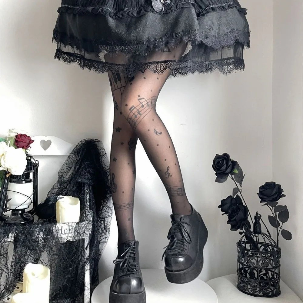 Fashion Ultra-Thin Patterned Stockings Stretchy Fabric Symbol Print Pantyhose JK Style Piano Tights Club Party