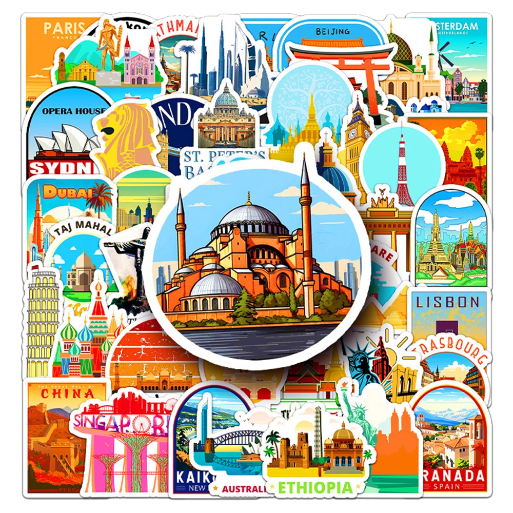 

10/30/50pcs Cartoon World Famous Building Stickers Aesthetic Travel Landmark Decals Laptop Phone Fridge Decoration Sticker Toys