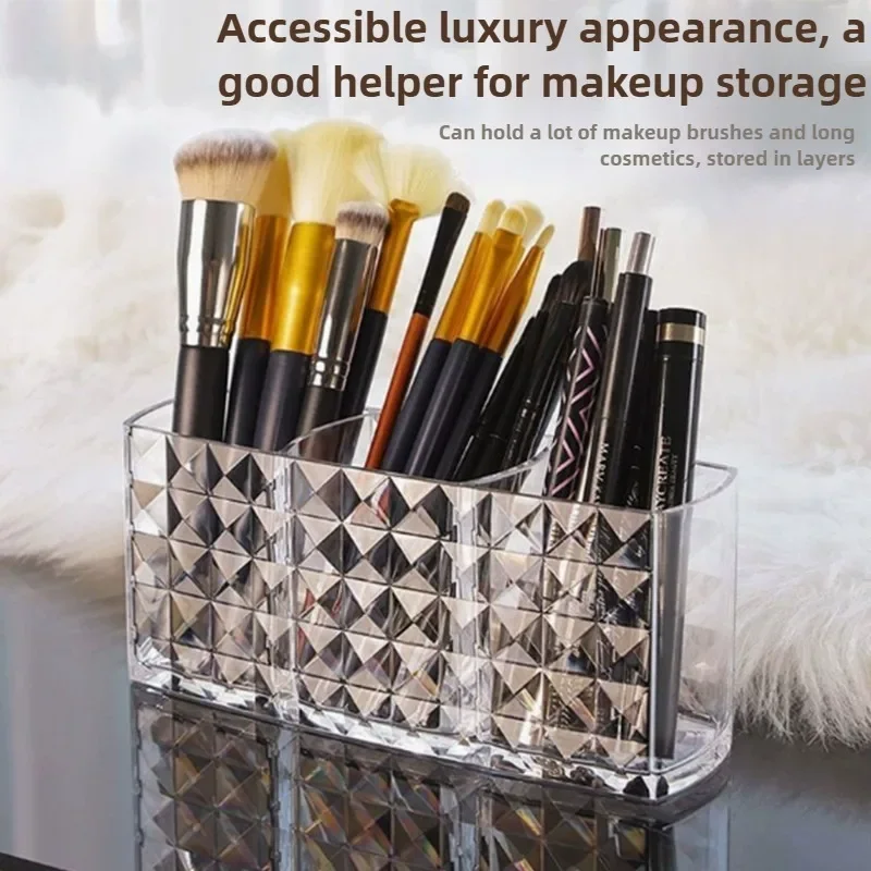 Clear Acrylic Makeup Brush Holder Desk Cosmetic Organiser Diamond Patterned Lipstick Storage Holder Desktop Cosmetic Storage Box 3