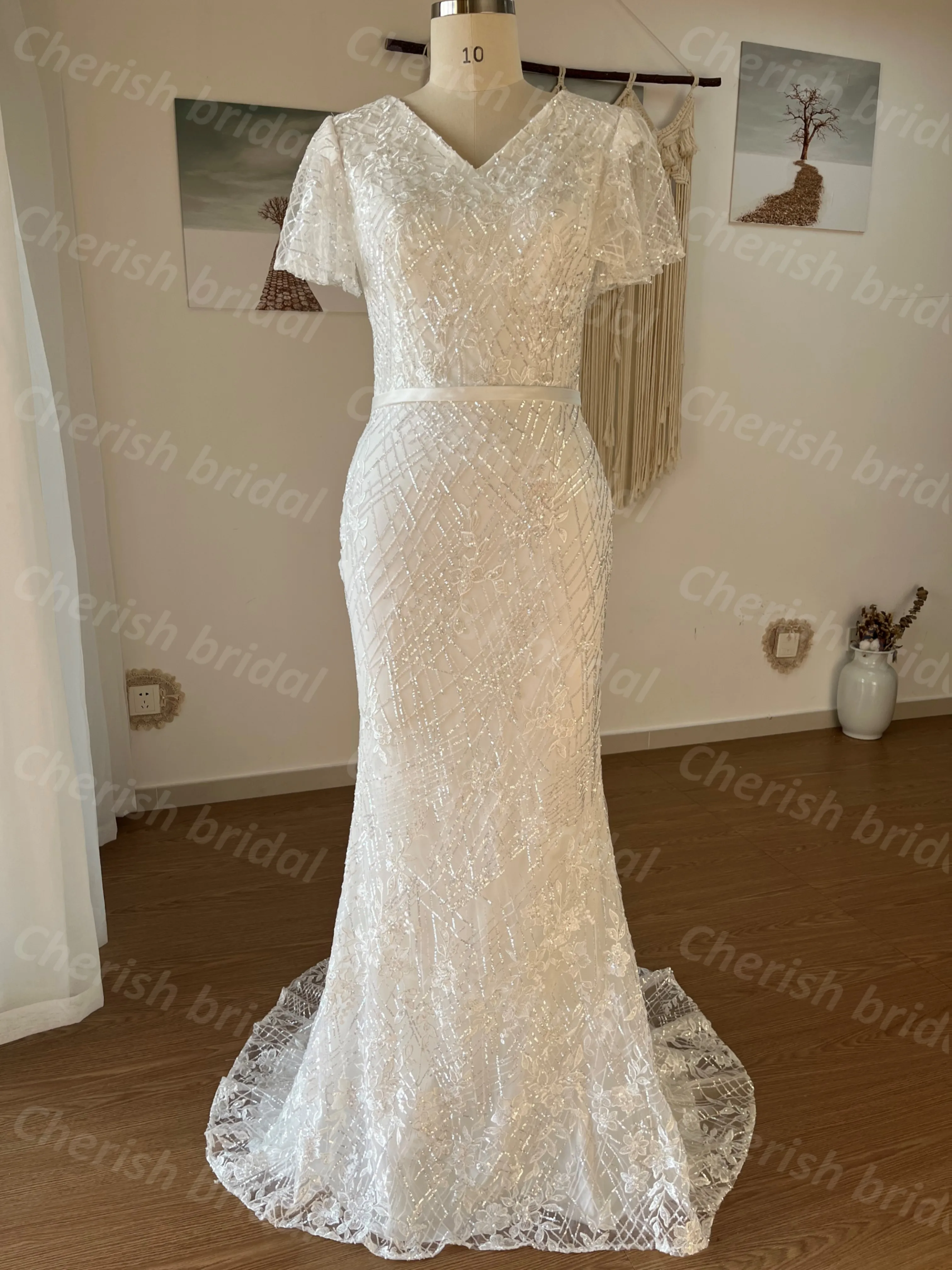 

C3035M Elegant BOHO Mermaid Wedding Dress for Bride, V-neck Short Sleeve Bride Dress Women