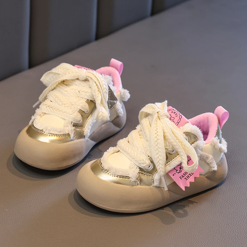 Design Tassel Girls Casual Shoes Winter PU Short Plush Warm Children Sneakers Fashion Lace Up Anti Slip Kids Sport Shoes