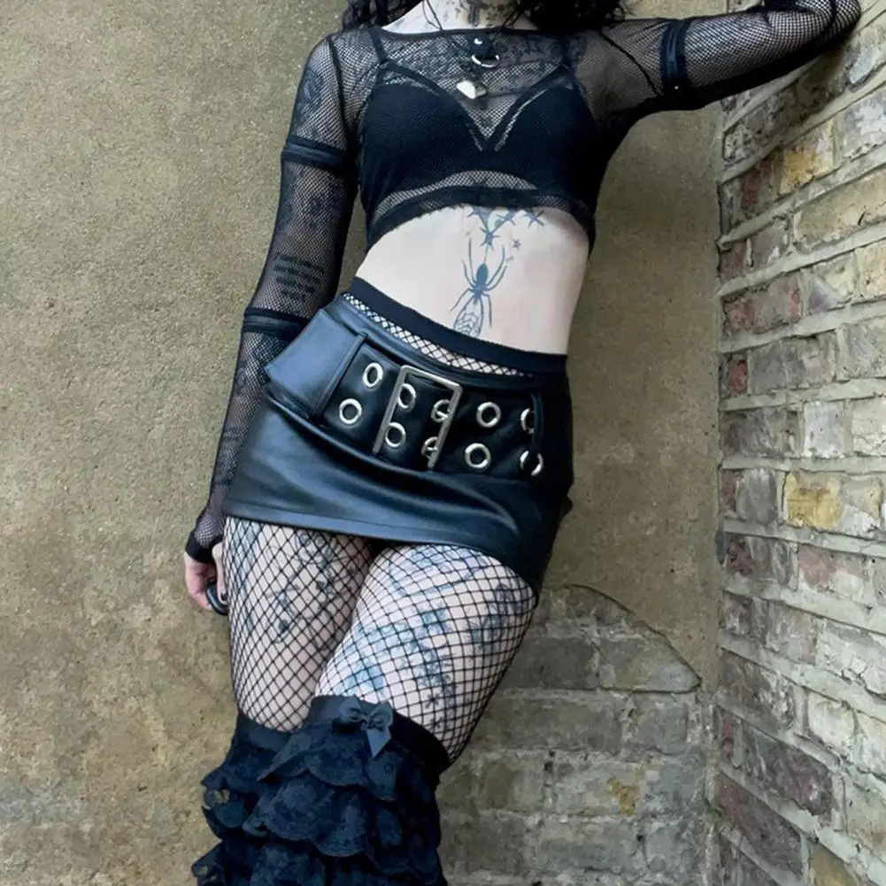 

Women Mini Skirt Gothic Smooth Surface Hot Girl Dark Style Punk Skirt Streetwear Low Waist Wide Belt Hip Hop Clubwear Skirt