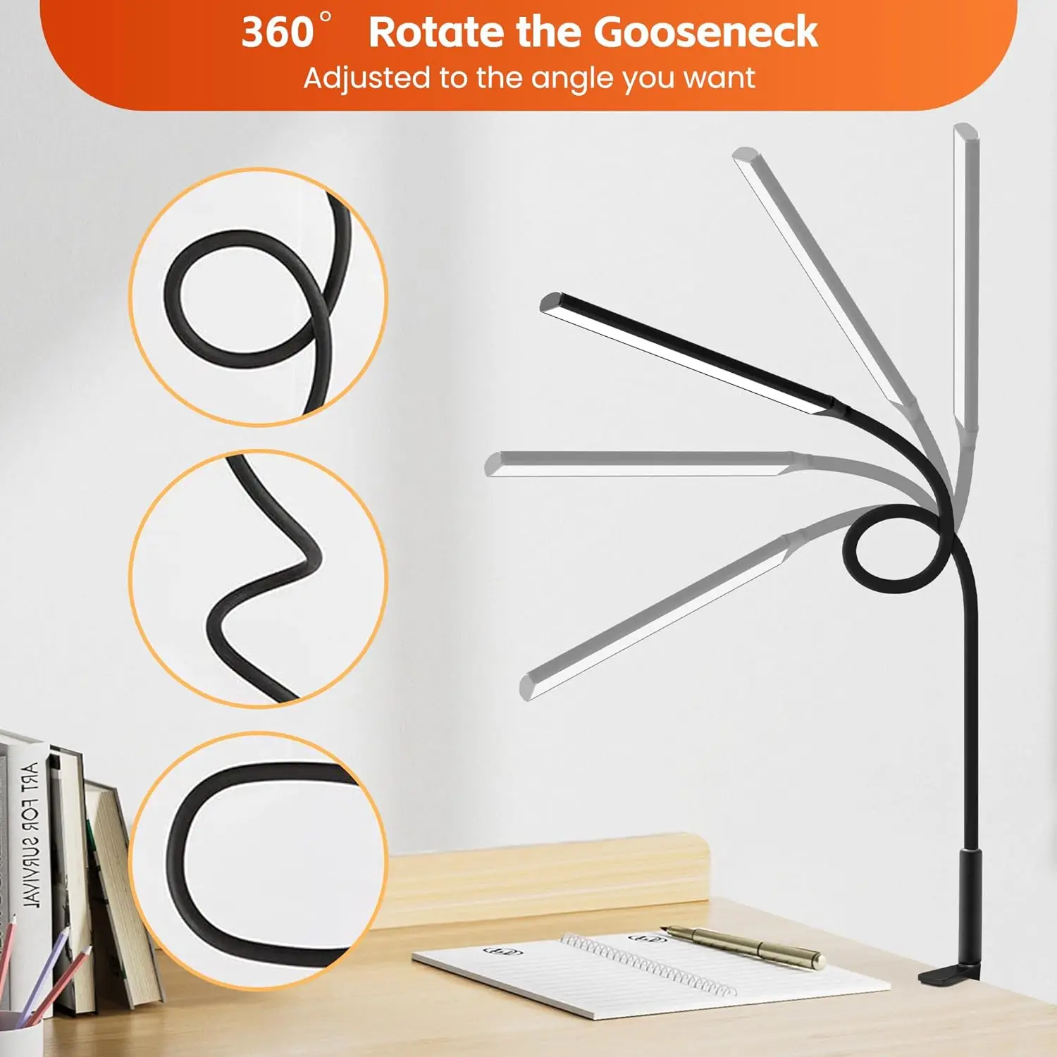 Sleek LED Desk Lamp with Adjustable Gooseneck and Eye-Caring Dimming Options