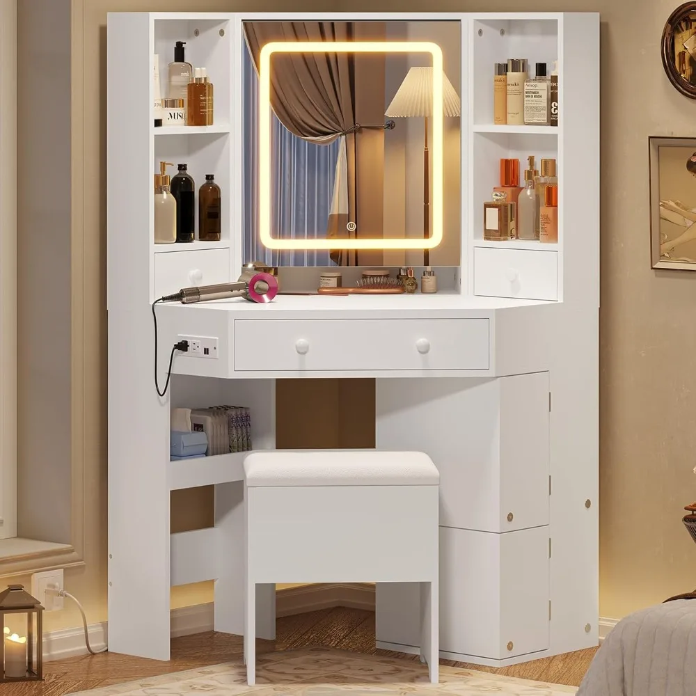Corner Dressing Table with Light and Charging Station, Dressing Table Set with Mirror and Storage Bench 2