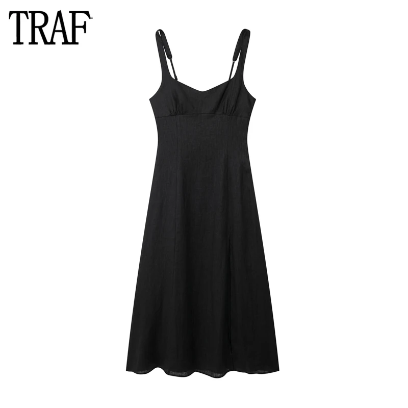 

TRAF 2024 Slip Midi Dress Women Black Backless Long Dresses for Woman Sexy Evening Party Dresses Women Thin Straps Female Dress