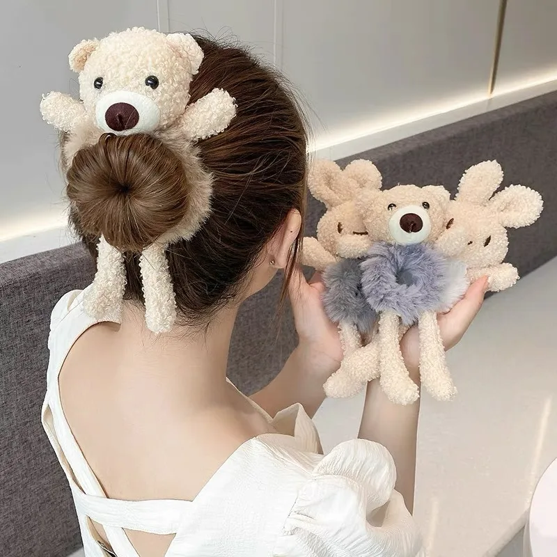 Little Bear Large Intestine Hair Ring Hote Sell Plush Elastic Hair Bands Cute Rabbit Solid Color Ponytail Hair Rope for Girls