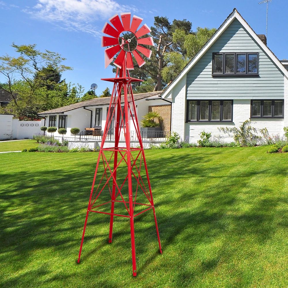8FT Weather Resistant Yard Garden Windmill Red Ball bearing for quiet operation