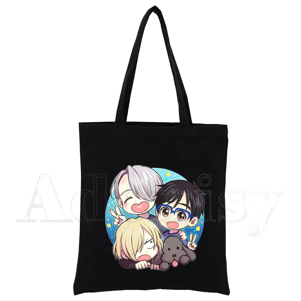 

Yuri on Ice Unisex Handbags Custom Canvas Tote Bag Print Daily Use Reusable Travel Casual Shopping Bag Black