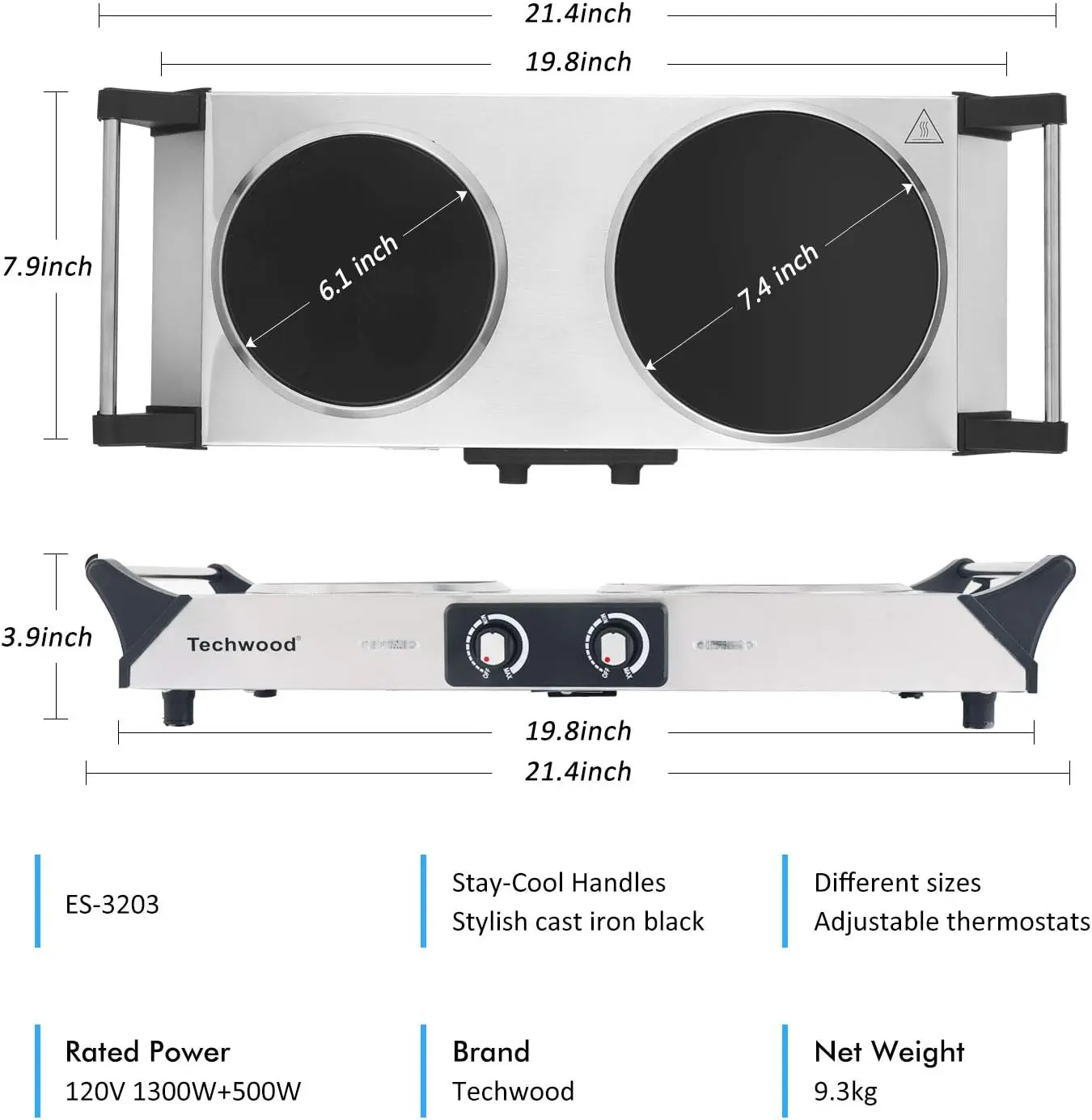 Turkewood electric stove, dual infrared ceramic heating plate cooking, two controlled range burners 5