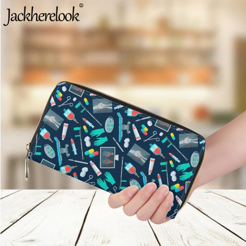 Jackherelook New Women Wallet Cartoon Medical Syringe Infusion Bottle Pattern Long Leather Purse Ladies Casual Bank Card Holder