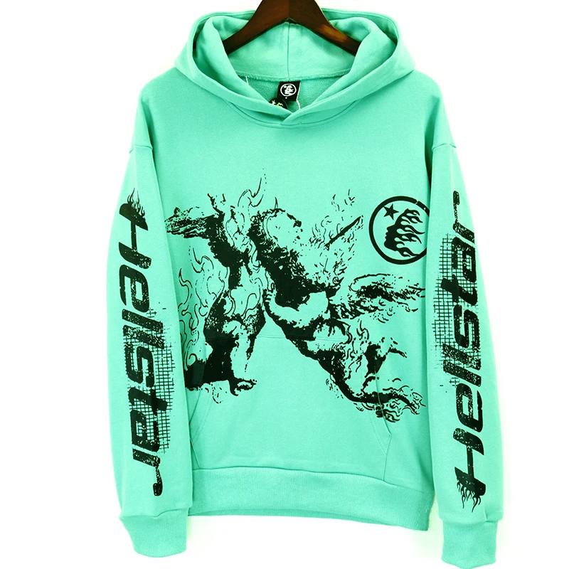 

23FW New Green Hellstar Hooded Sweatshirts Men Women 1:1 Streetwear Fashion Printed Hip Hop Casual Loose Pocket Pullover Hoodies